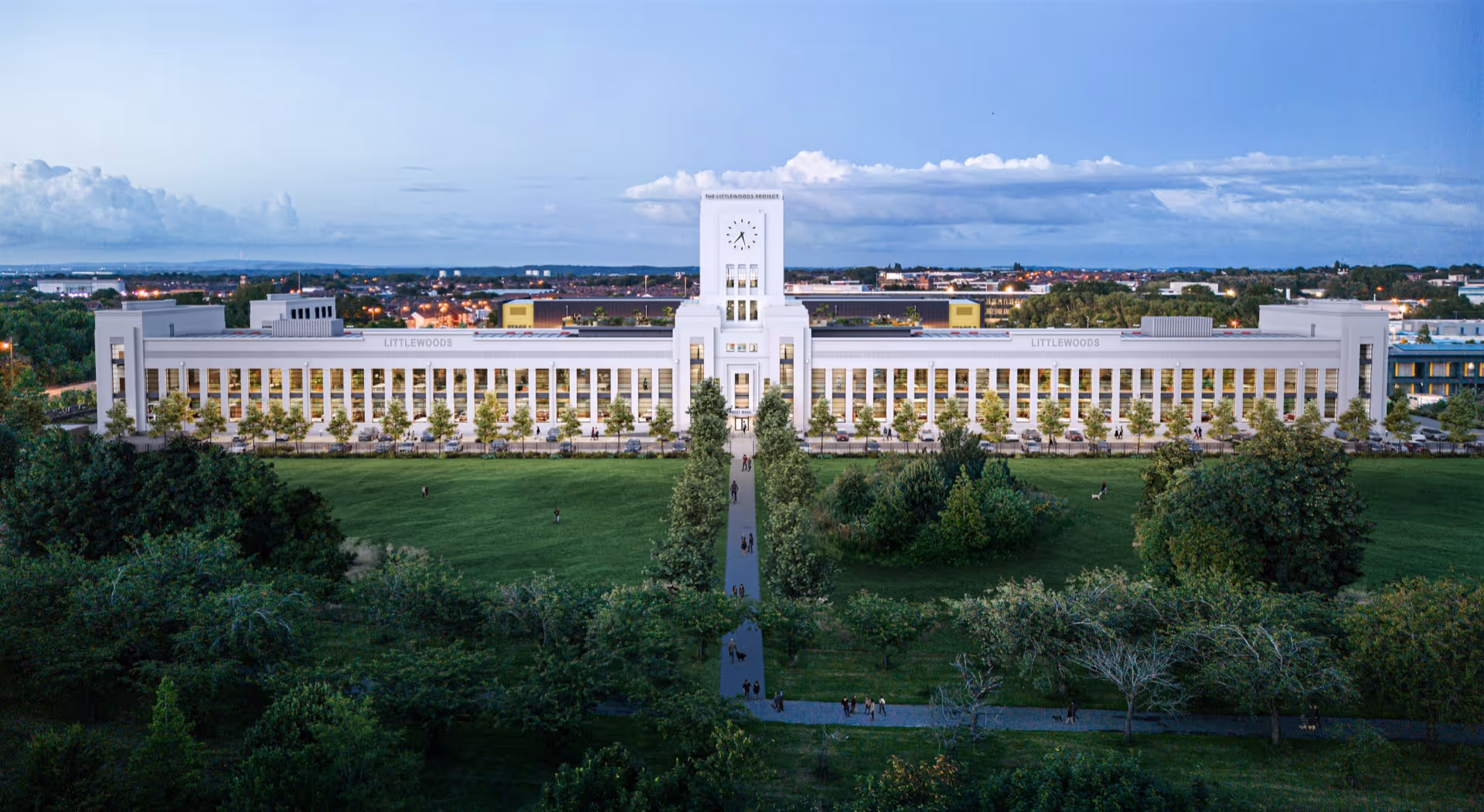 Outside The Littlewoods Studios featuring the social green space