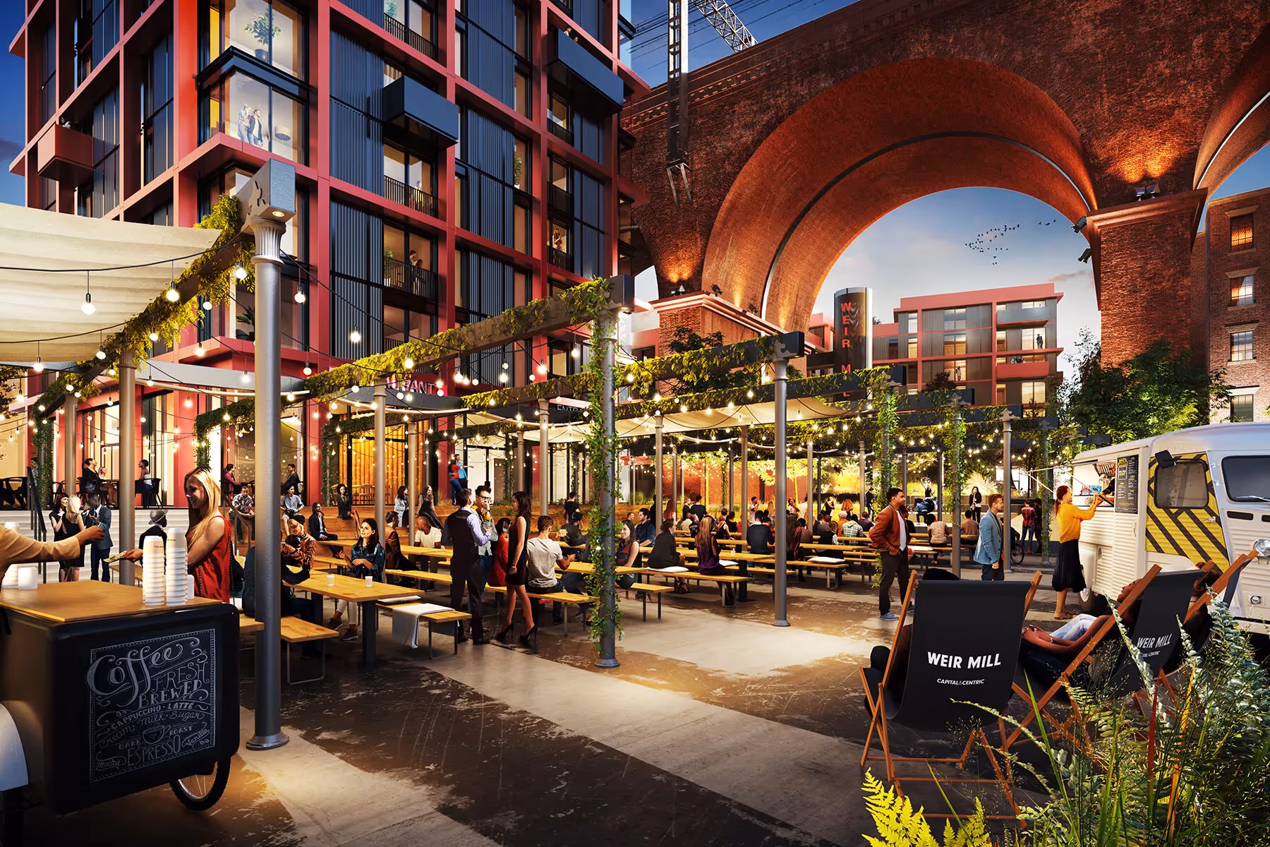 A cgi image of Weir Mill courtyard