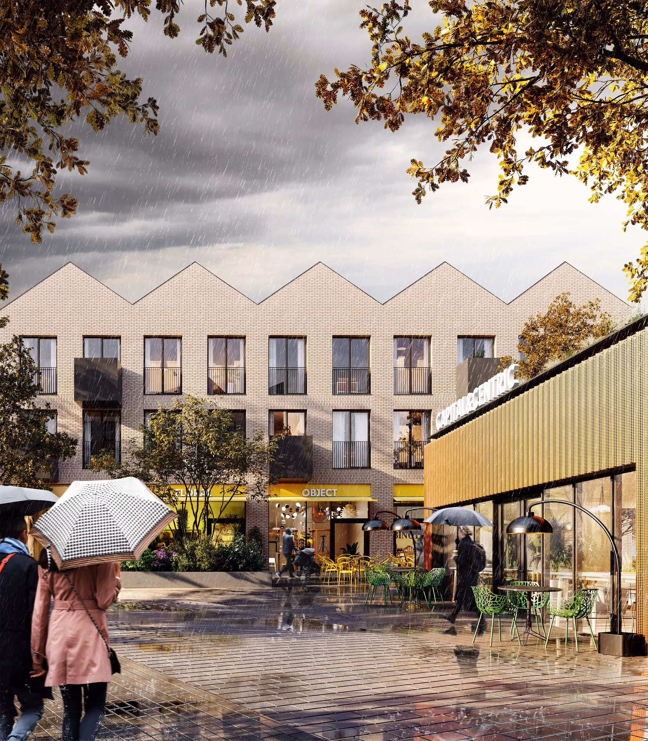 Cgi of outside Farnworth Green in the rain 