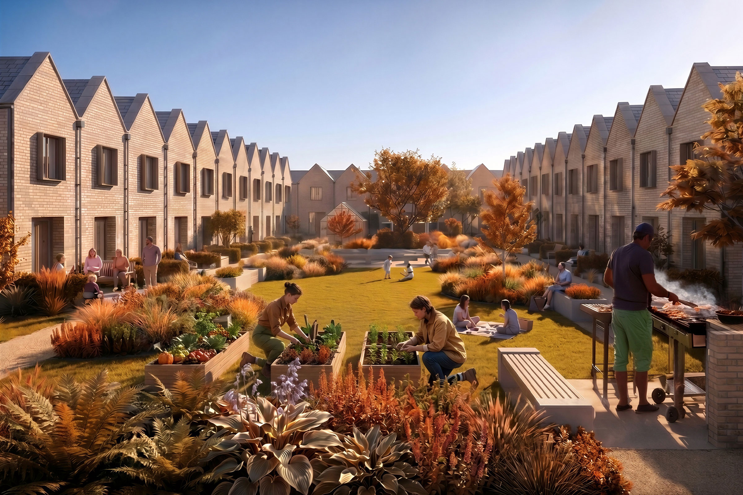 Architectural visualisation of proposed Middlehaven homes arranged around a landscaped shared garden with residents using the communal space